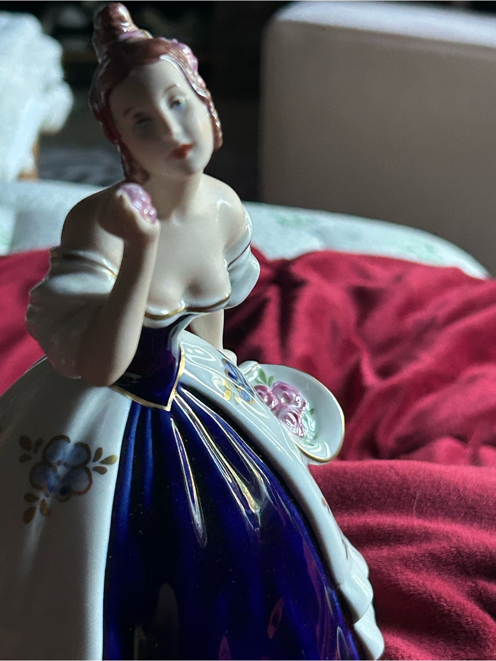 Porcelain Lady Figurine in Deep Blue, White and Pink